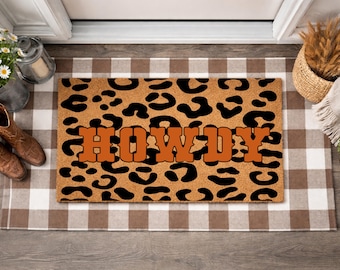 Howdy Leopard Print Doormat, Western Cowgirl Welcome Mat, Country Front Porch Decor, Farmhouse Door Mat