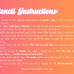 May include: Instructions for using a stencil, with numbered steps on a gradient pink and orange background. The text details how to prepare and apply the stencil, including the use of adhesive, paint, and sealant.