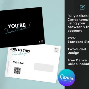 Church Invitation Postcard Template: Modern QR Code Design (Canva Editable)