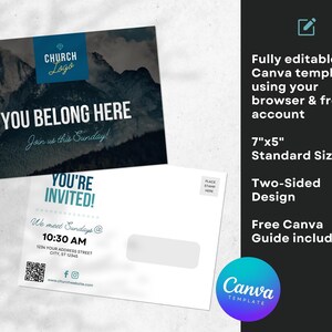 Kerk uitnodiging ansichtkaart mailer canvas sjabloon, kerk uitnodigingskaart, bewerkbare sjabloon, QR-code, kerkafbeeldingen, zondagsuitnodiging CGC001