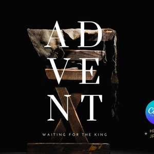 Może przedstawiać: Żłób drewniany z brązową tkaniną przewieszoną nad nim. Słowo "ADVENT" jest napisane białymi literami na żłobie. Tekst "WAITING FOR THE KING" jest napisany pod żłobem. Logo Canva znajduje się w prawym dolnym rogu obrazu.