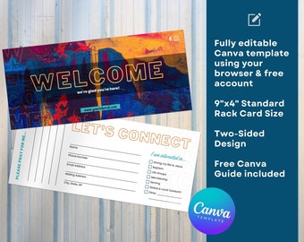 May include: A two-sided welcome card template for churches. The front features a colorful abstract design with the word "WELCOME" in yellow text. The back has a form for visitors to fill out with the text "LET'S CONNECT".