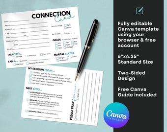 May include: A two-sided, 6x4.25 inch Canva template for a connection card. The front side has fields for name, address, phone, email, grade, marital status, and service time. The back side has a section for "My Decision Today" and "Next Steps".