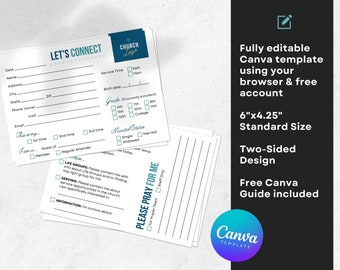 May include: A two-sided Canva template for a church connect card. The front side has a section for "Let's Connect" with fields for name, address, phone, email, service time, birth date, grade, and marital status. The back side has a section for "Please Pray for Me" with fields for prayer team and staff only.
