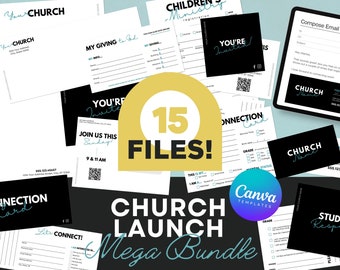 Puede incluir: Un paquete de productos digitales para el lanzamiento de una iglesia con 15 plantillas de Canva. El paquete incluye una variedad de plantillas, como una tarjeta de conexión, una tarjeta de respuesta de los estudiantes, una tarjeta de nombre de la iglesia y una tarjeta de "Estás invitado". El paquete también incluye una plantilla de "Mi ofrenda a Dios" y un formulario de registro para el ministerio de niños. Las plantillas están diseñadas en un estilo moderno y minimalista con un esquema de color blanco y negro.