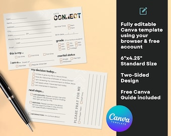 May include: A two-sided, white card with black text. The front side has a section for personal information, including name, address, phone number, email, and a section for church information, including service time, birthdate, grade, and marital status. The back side has a section for "my decision today..." with checkboxes for different statements about faith, a section for "next steps..." with information about life groups and serving opportunities, and a section for "please pray for me". The card is 6 inches by 4.25 inches.