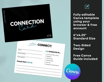 May include: A black and white printable connection card template for churches. The front of the card says "Connection Card" in white text with a blue handwritten "Card" underneath. The back of the card has a section for name, phone number, email address, and a section for "Please Pray For Me". There is also a checklist for "I Am Interested In..." with options for giving, baptism, life groups, membership, serving, and global and local outreach.