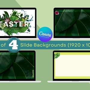 May include: Set of four digital slide backgrounds featuring green leaves and the word "Easter" in a white circle. The backgrounds are designed for use in a 1920 x 1080 pixel format.