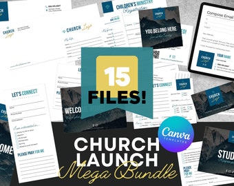 May include: A collection of church-themed Canva templates, including stationery, forms, and digital documents. The design features a mountain landscape and the words "CHURCH LAUNCH Mega Bundle" and "15 FILES!" in a modern font. The templates are in shades of blue, white, and teal.