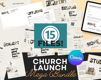 Peut inclure: Une illustration numérique d'un pack méga de lancement d'église avec 15 modèles Canva. L'image présente une variété de designs, notamment une carte de bienvenue, une carte de connexion, une carte de réponse pour les étudiants et une enveloppe d'offrande d'église. Le texte "Church Launch Mega Bundle" est affiché en grandes lettres audacieuses.