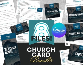 Puede incluir: Un conjunto de ocho plantillas de Canva para tarjetas de iglesia. Las plantillas presentan un fondo de cordillera con un esquema de color azul oscuro y gris. El texto en las tarjetas incluye "¡Bienvenido a casa!" y "Usted pertenece aquí".