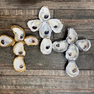 Oyster Cross Decorative Hand Painted Gold Trim Natural Shells or Silver