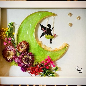 Fairy Crescent, Crystal Art, framed crystal, LED Shadow Box art, Chain art, wall décor, fairy art, handmade art, Fairy shadowbox