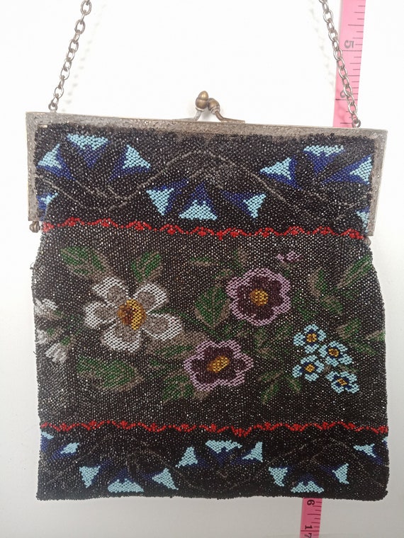 Vintage Ornate Silver & Glass Beaded Floral Clutch