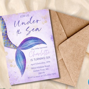 Under the sea Mermaid birthday editable digital birthday invitation Canva template