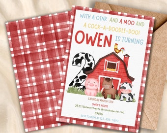 May include: A red and white checkered background with a farm-themed birthday invitation for Owen's 2nd birthday. The invitation features a red barn, a cow, a pig, a horse, and a rooster. The text on the invitation reads "With a oink and a moo and a cock-a-doodle-doo! Owen is turning 2. Saturday March 12th Owen's House 25311 Earlene Streets. Mosciskichester, VA 59816 RSVP to Mom at 123-456-7890"