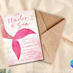 Under the sea pink Mermaid birthday editable digital birthday invitation Canva template