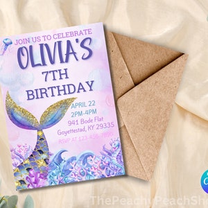 Mermaid birthday editable digital birthday invitation canva template