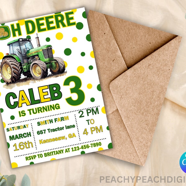 Oh Deere editable Tractor invitation, Canva template, cute farm birthday, Toddler birthday, boys birthday, cute birthday invites