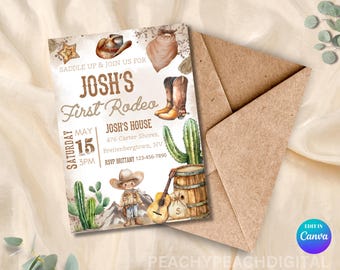 May include: A rustic-themed invitation for a child's first rodeo. The invitation features a cowboy hat, boots, cacti, and a barrel. The text on the invitation reads "Saddle Up & Join Us For Josh's First Rodeo" and includes the date, time, and location of the event.
