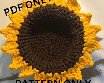 May include: Crochet pattern for a sunflower, with the text "PDF ONLY PATTERN ONLY" on the image.