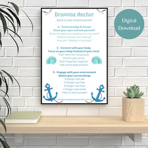 Puede incluir: Un póster imprimible azul y blanco con el título "Dropping Anchor" y pasos para ayudarte a conectar con la tierra. El póster presenta anclas y conchas marinas.