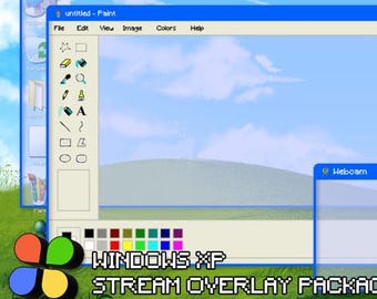 May include: A digital art stream overlay package with a Windows XP theme. The design includes simulated windows for Internet Explorer, Paint, and a webcam, along with a messenger window and follower notifications. The text "WINDOWS XP STREAM OVERLAY PACKAGE" is displayed.