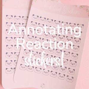 May include: A sheet of panda reaction stickers with various expressions, including happy, sad, surprised, and in love. The stickers are printed on white paper with a pink background and the text "Rotating Reaction Stickers!" printed in black.