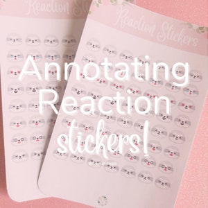 May include: Two sheets of stickers featuring various sloth faces with different expressions. The stickers are on a pink background and the text "Annotating Reaction Stickers!" is written in white across the sheets. The text "rosesandreads" is written in small letters at the bottom of the sheet.