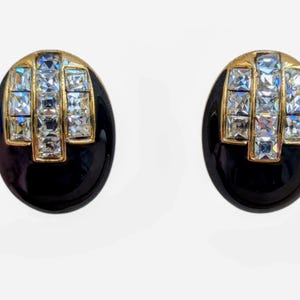 Oscar de la Renta pierced earrings.  Black and crystal.