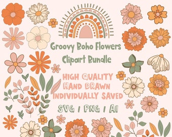 Groovy Boho Flowers Clipart Bundle, Boho Flowers Clipart SVG, Boho Flowers Clipart PNG, Floral illustration, Floral Clipart, Spring clipart