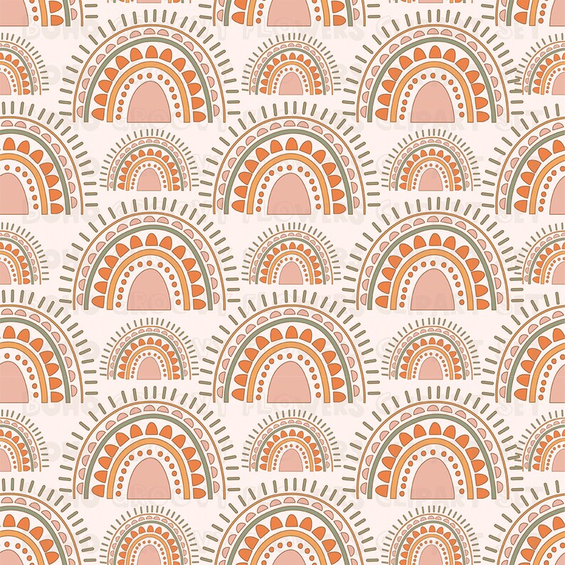 May include: A seamless pattern featuring a repeating design of colorful rainbow arches with a white background. The arches are made up of concentric circles in shades of orange, green, and pink.