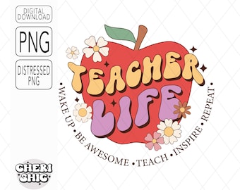 Retro Teacher Life | Apple with Flowers PNG| Teacher Life png | Teacher sublimation | Teacher Png | Apple png | teacher appreciation