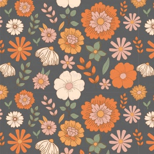 May include: A seamless pattern featuring a variety of stylized flowers in shades of orange, pink, and white on a dark gray background. The flowers are arranged in a repeating pattern, creating a vintage, retro aesthetic.