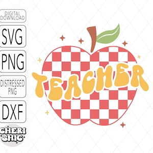 May include: A red and white checkered apple with the word "TEACHER" in yellow letters. The apple has a green leaf on top.