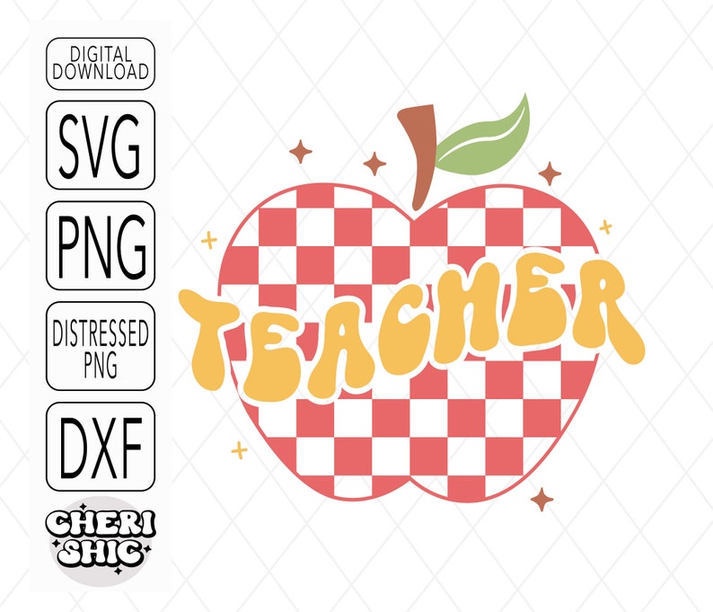 May include: A red and white checkered apple with the word "TEACHER" in yellow letters. The apple has a green leaf on top.
