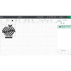 May include: Black and white checkered apple with the word "TEACHER" in a retro font. The apple has a green stem and two white stars above it.