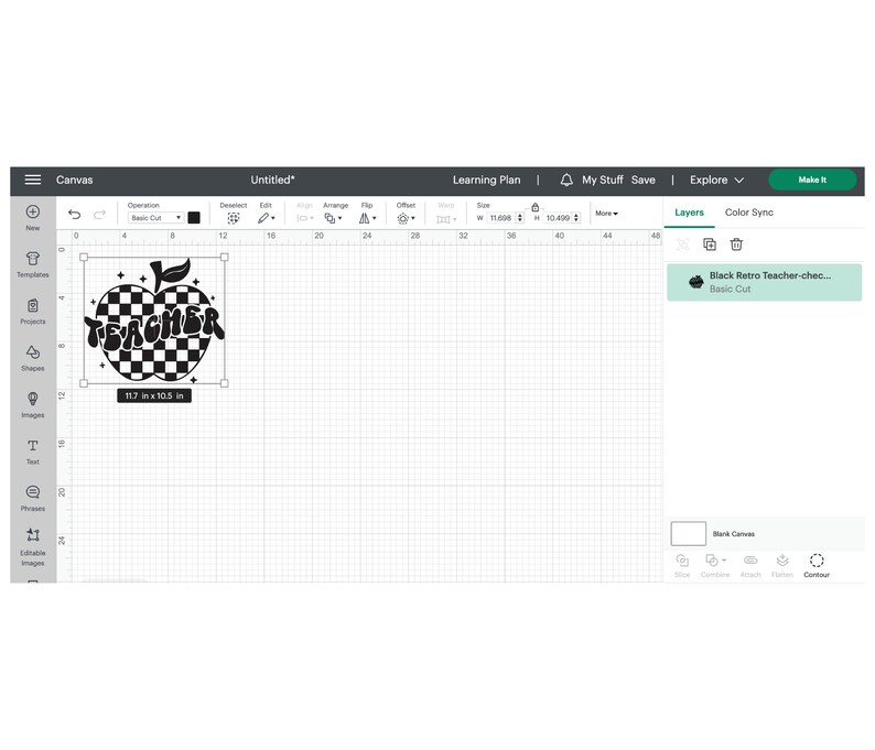 May include: Black and white checkered apple with the word "TEACHER" in a retro font. The apple has a green stem and two white stars above it.