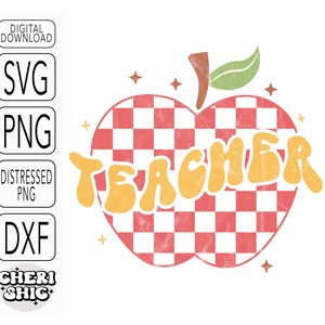 May include: A red and white checkered apple with the word "TEACHER" in yellow, wavy letters. The apple has a green leaf on top and is surrounded by small white stars.
