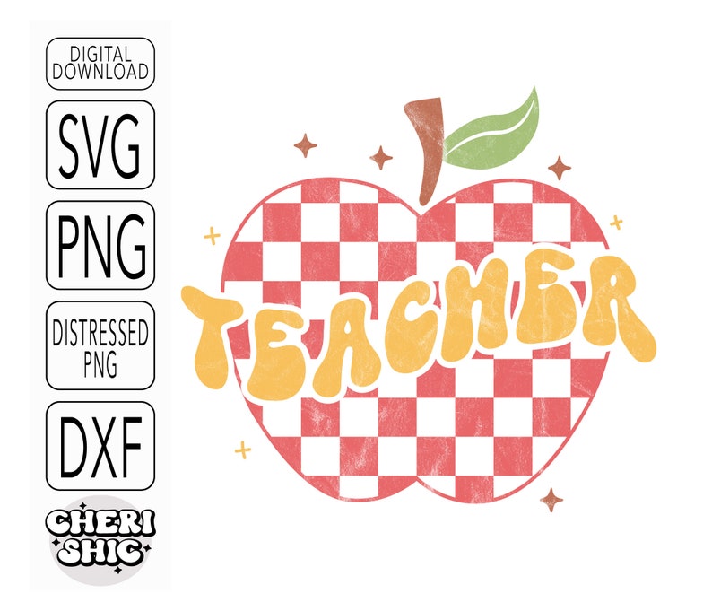 May include: A red and white checkered apple with the word "TEACHER" in yellow, wavy letters. The apple has a green leaf on top and is surrounded by small white stars.