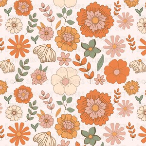 May include: A seamless pattern featuring a variety of retro-style flowers in shades of orange, pink, and cream. The flowers are surrounded by green leaves and stems, creating a whimsical and cheerful design.