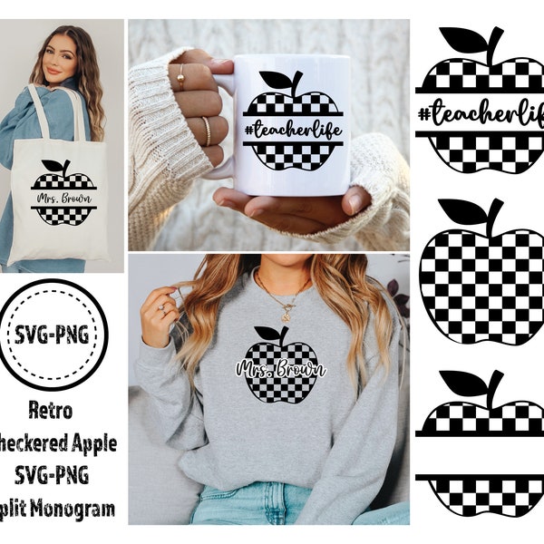 Checkered Apple Svg | Apple Split Monogram SVG | teacher life svg | Apple Svg | teacher png | teacher svg | checkered retro teacher svg