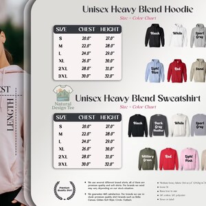 The image is a promotional material for a unisex heavy blend hoodie. It includes a chest size chart and a color chart for different sizes, along with a list of various styles and colors available. The image also features a smiling woman wearing a pink hoodie, which is a part of the product line.