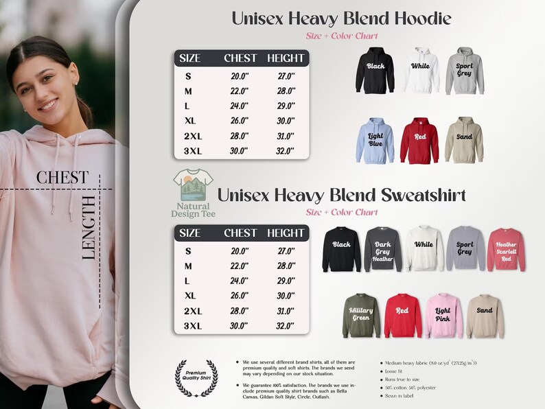 The image is a promotional material for a unisex heavy blend hoodie. It includes a chest size chart and a color chart for different sizes, along with a list of various styles and colors available. The image also features a smiling woman wearing a pink hoodie, which is a part of the product line.