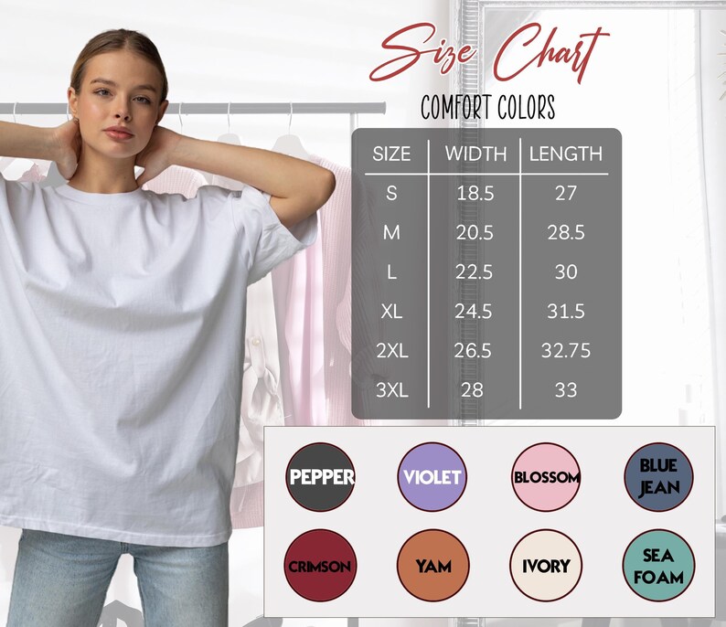 a woman wearing a white t-shirt, posing in front of a size chart for comfort colors.