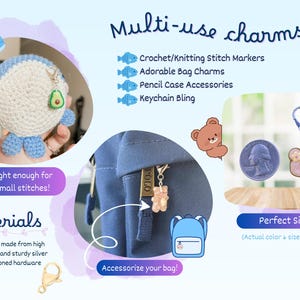 May include: The image displays multi-use charms, such as a crocheted whale with an avocado charm, a bear charm, and a bear coin charm. These charms are suitable for use as stitch markers, bag charms, pencil case accessories, and keychain bling.