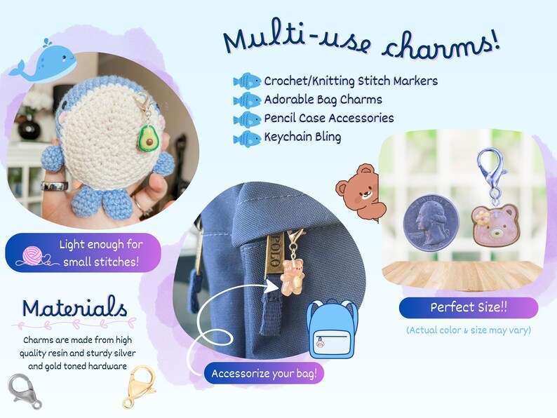 May include: The image displays multi-use charms, such as a crocheted whale with an avocado charm, a bear charm, and a bear coin charm. These charms are suitable for use as stitch markers, bag charms, pencil case accessories, and keychain bling.