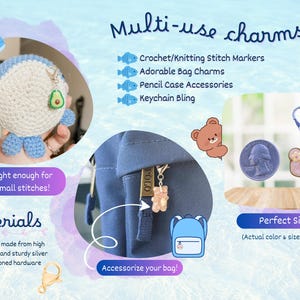 Puede incluir: La imagen presenta amuletos multiusos, incluyendo una ballena de ganchillo, amuletos con forma de oso y un amuleto de moneda. Los amuletos est&aacute;n dise&ntilde;ados para marcadores de puntada, amuletos de bolso y llaveros. El texto dice "Light enough for small stitches!" y "Perfect Size!!"
