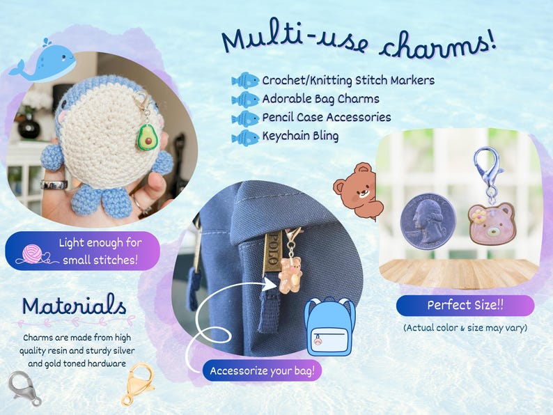 Puede incluir: La imagen presenta amuletos multiusos, incluyendo una ballena de ganchillo, amuletos con forma de oso y un amuleto de moneda. Los amuletos est&aacute;n dise&ntilde;ados para marcadores de puntada, amuletos de bolso y llaveros. El texto dice "Light enough for small stitches!" y "Perfect Size!!"