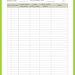 May include: A printable gestational diabetes log with a black and white grid. The log includes columns for date, fasting blood sugar, blood sugar one hour after breakfast, blood sugar one hour after lunch, blood sugar one hour after dinner, and notes. The log also includes target blood sugar levels: less than 95 mg/dL fasting and less than 140 mg/dL one hour after meals.